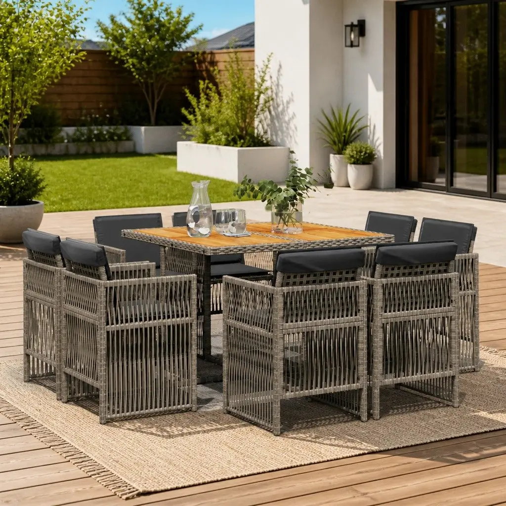 Garden Dining Set 9 Piece Grey Poly Rattan Outdoor Furniture Patio Table Chairs