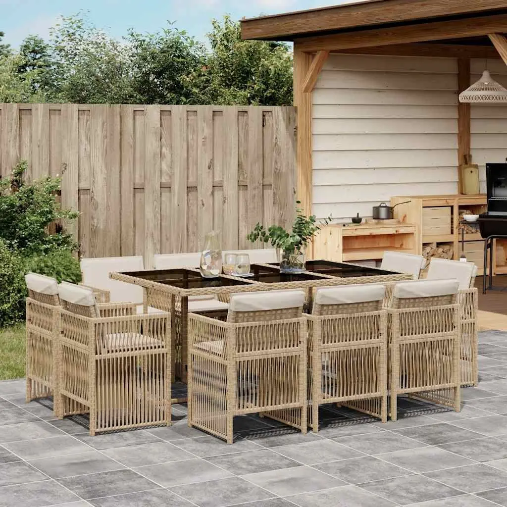 Outdoor Dining Set 11 Piece Garden Furniture Beige Poly Rattan Cushions