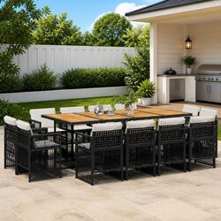 Garden Dining Set 13 Piece Black Poly Rattan Outdoor Furniture with Cushions