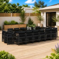 Garden Dining Set 17 Piece Outdoor Furniture Black Poly Rattan Chairs Table