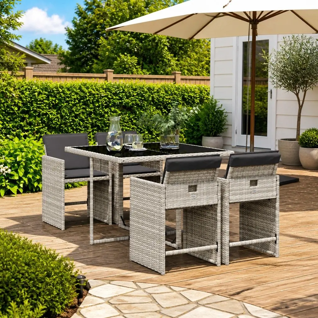 5-Piece Outdoor Garden Dining Set with Cushions Grey Poly Rattan Patio Furniture