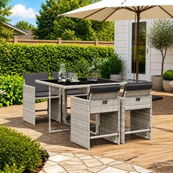 5-Piece Outdoor Garden Dining Set with Cushions Grey Poly Rattan Patio Furniture