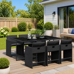 Outdoor Dining Set 7 Piece Garden Furniture Black Poly Rattan Chairs Table