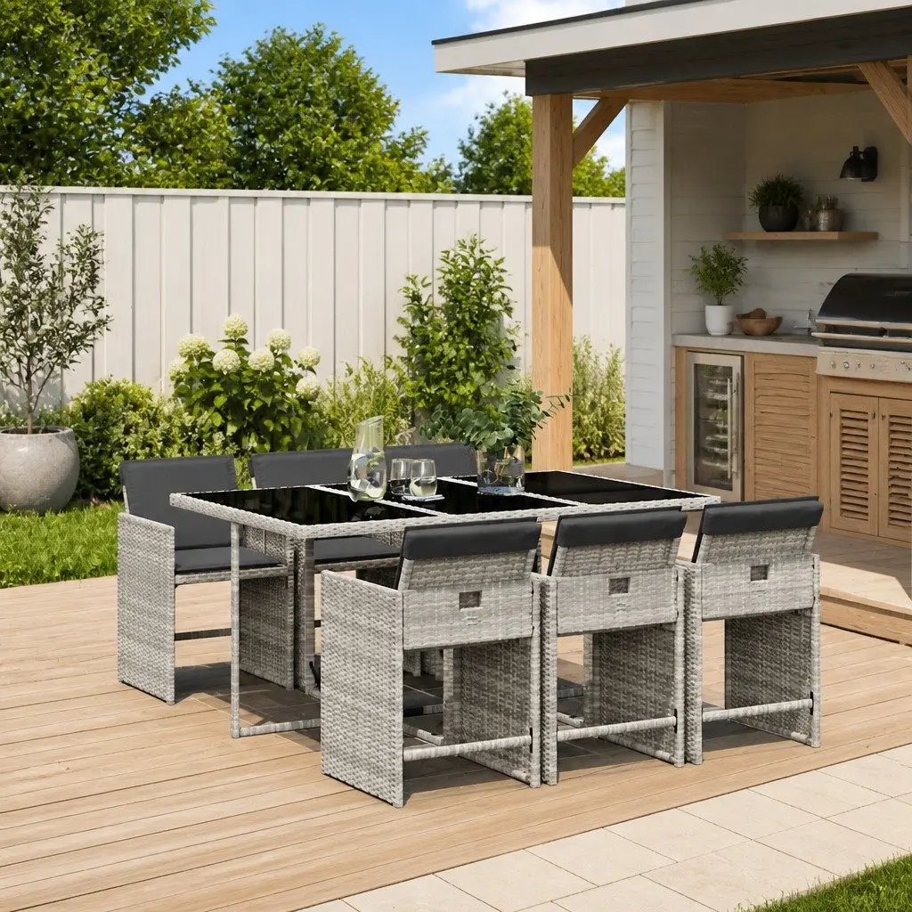 7 Piece Garden Dining Set Outdoor Patio Furniture Grey PE Rattan with Cushions