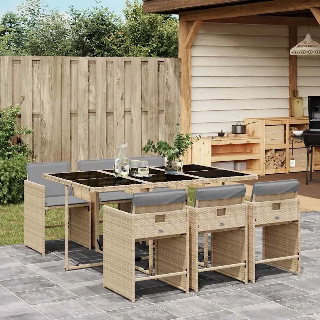 Outdoor Dining Set 7 Piece PE Rattan Garden Furniture Patio Table Chairs Cushions Beige