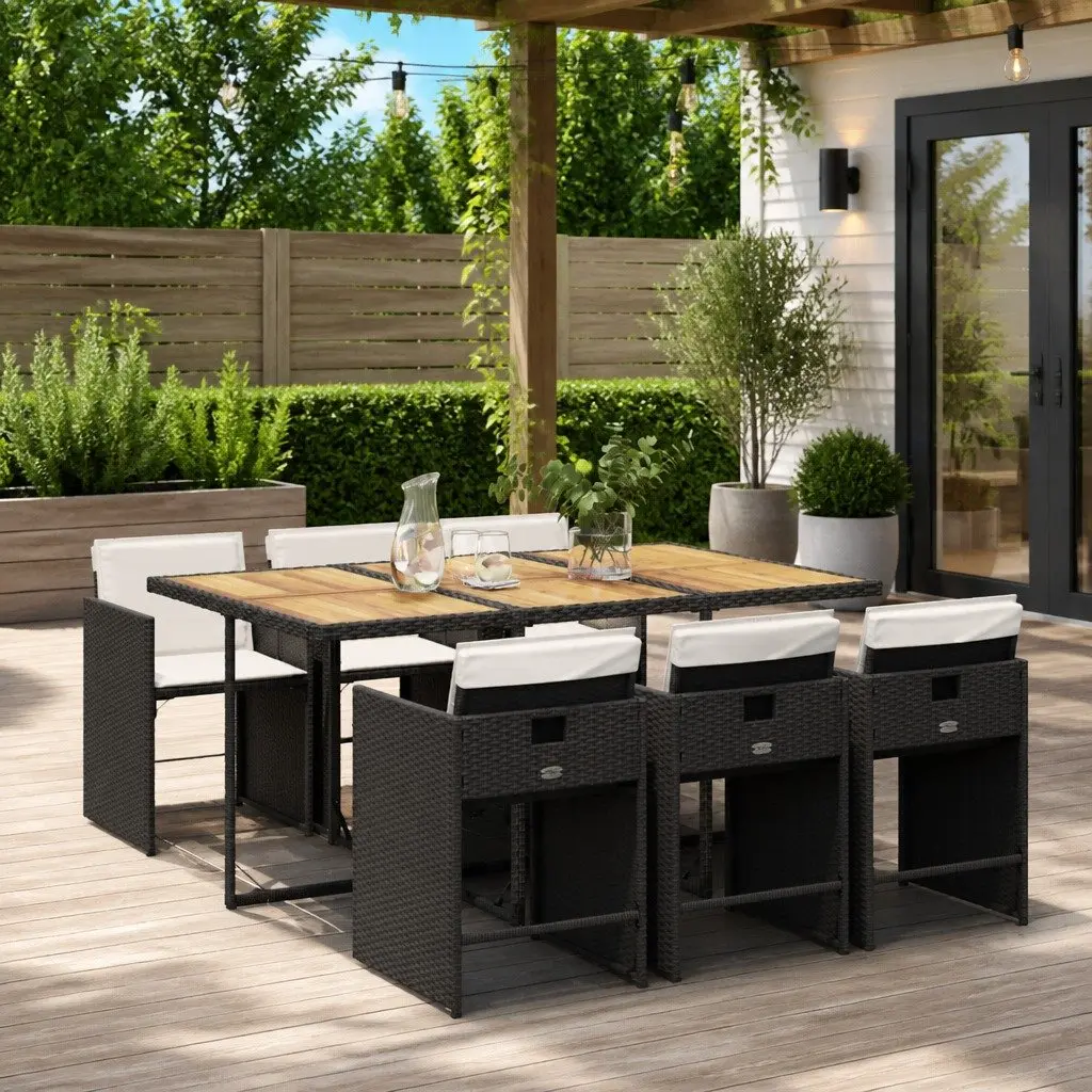 7 Piece Outdoor Dining Set Black Poly Rattan Chairs Table Garden Patio Furniture