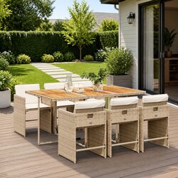 Outdoor Garden Dining Set 7 Piece Poly Rattan Beige Patio Furniture with