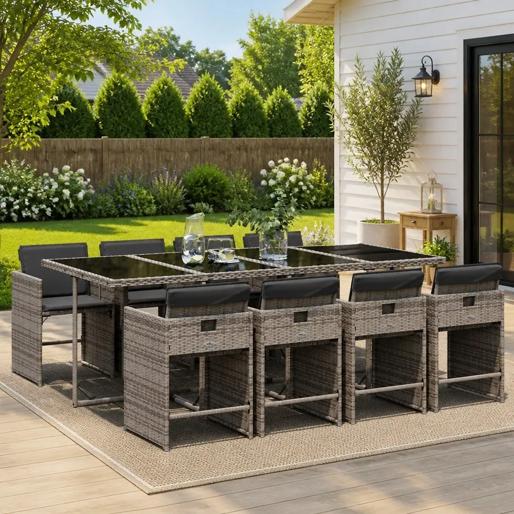 Outdoor Dining Set 9 Piece Garden Furniture Grey Poly Rattan Chairs Table