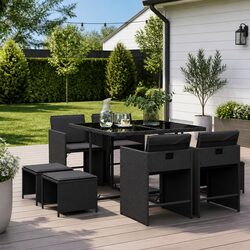 Outdoor Dining Set 9 Piece Garden Furniture Black Poly Rattan Chairs Table
