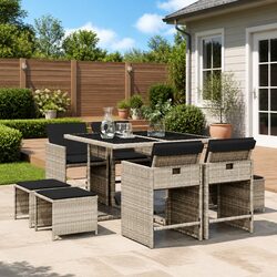 Garden Dining Set 9 Piece Outdoor Furniture Grey Poly Rattan Chairs Table
