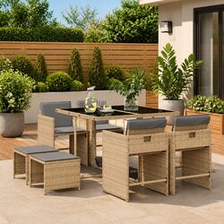 Garden Dining Set 9 Piece Outdoor Furniture Patio Table Chairs Cushions Beige