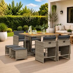 Garden Dining Set 9 Piece Grey Poly Rattan Outdoor Furniture with Cushions