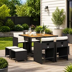 Outdoor Garden Dining Set 9 Piece PE Rattan Chairs Table Cushions Black Patio