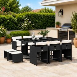 Outdoor Dining Set 11 Piece Garden Furniture Black Poly Rattan Chairs Table