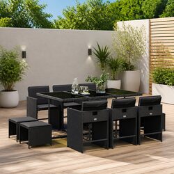 Garden Dining Set 11 Piece Outdoor Furniture Table Chairs Cushions Black Poly