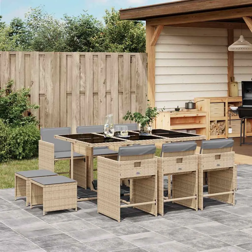 Outdoor Dining Set 11 Piece Garden Furniture PE Rattan Beige Cushions