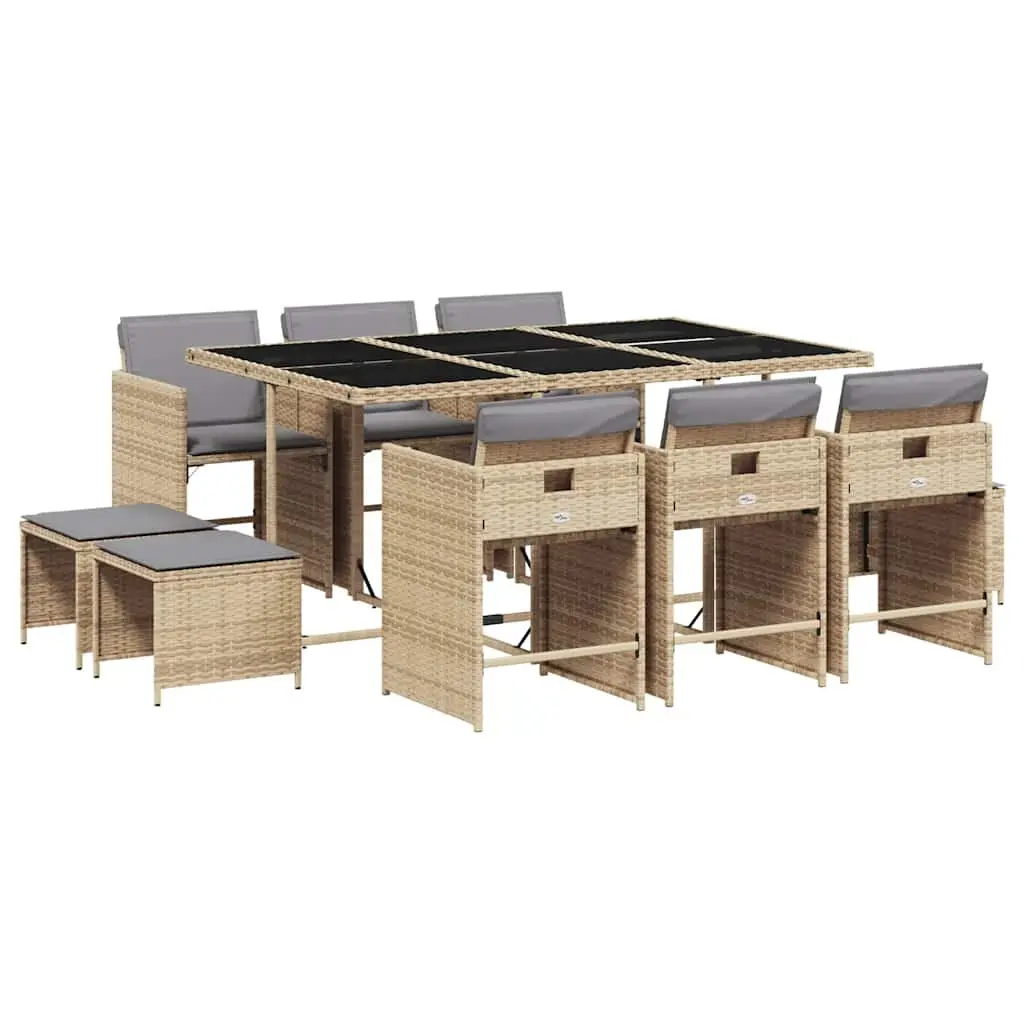 Outdoor Dining Set 11 Piece Garden Furniture PE Rattan Beige Cushions