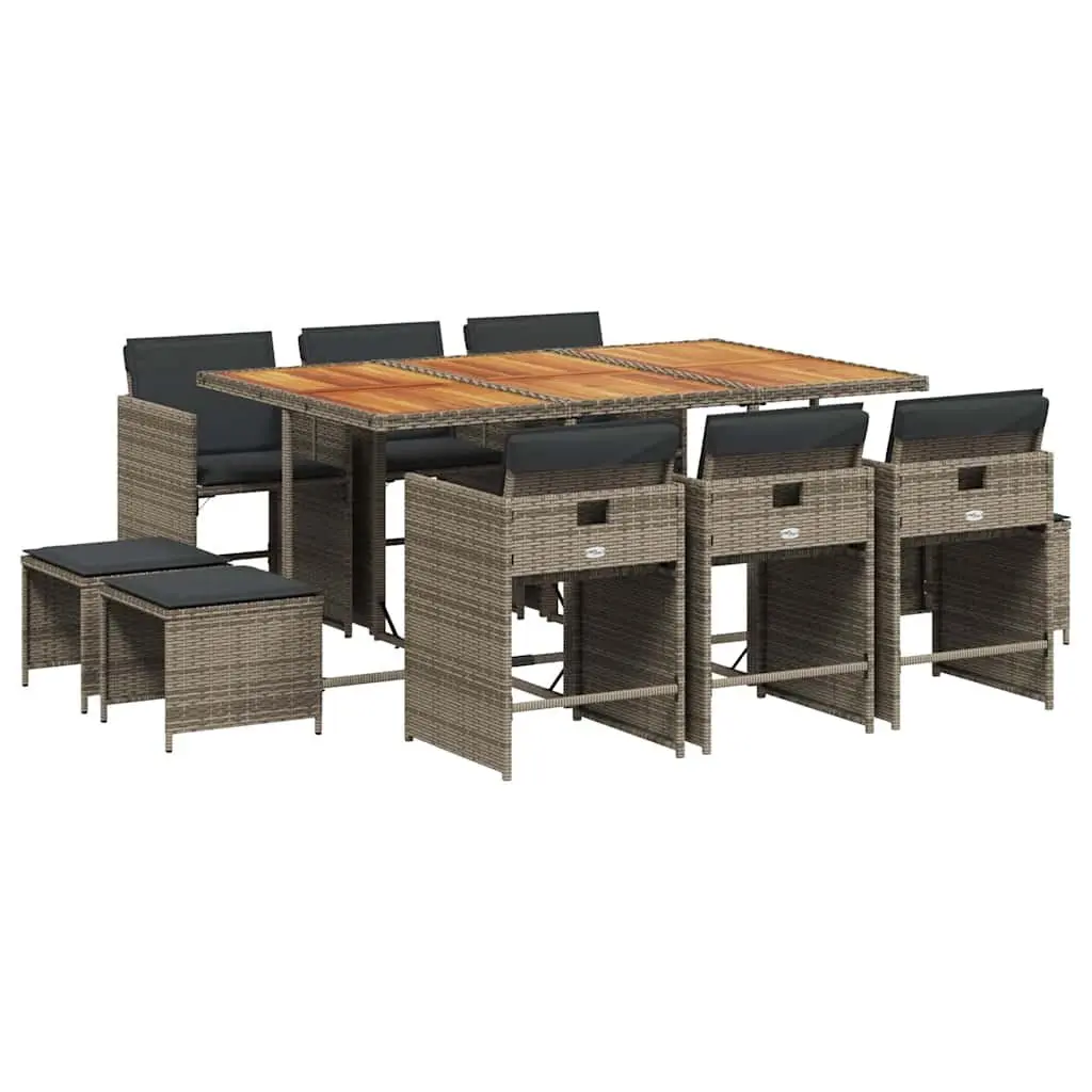 Outdoor Dining Set 11 Piece Grey Poly Rattan Garden Furniture with Cushions