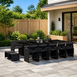 Outdoor Dining Set 15 Piece Black PE Rattan Garden Furniture with Cushions