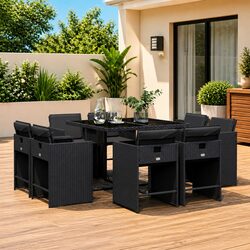 Garden Dining Set 9 Piece Outdoor Furniture with Cushions Black Poly Rattan