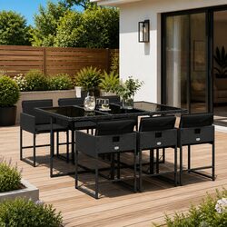 7 Piece Outdoor Garden Dining Set with Cushions Black Poly Rattan Patio