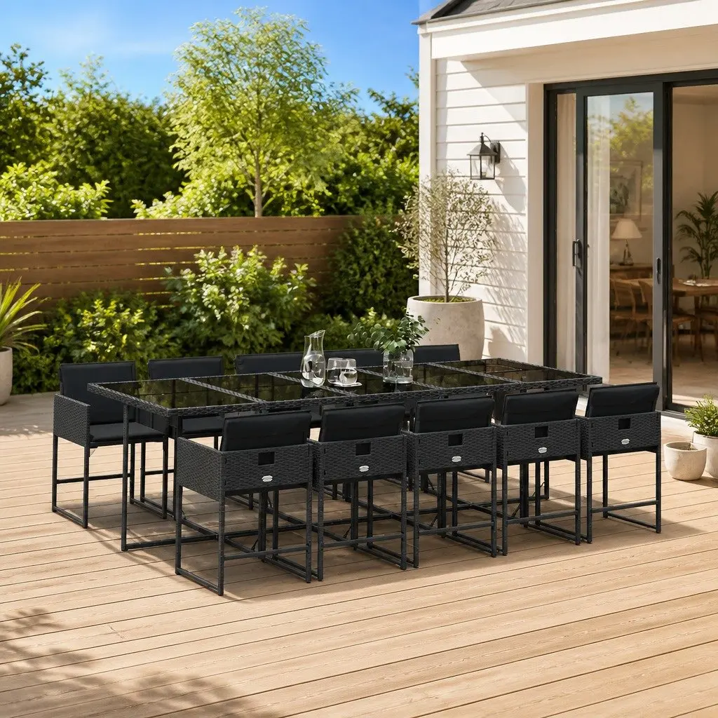 11 Piece Garden Dining Set Outdoor Furniture Black Poly Rattan Chairs Table