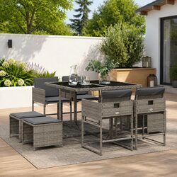 Garden Dining Set 9 Piece Grey Poly Rattan Outdoor Patio Furniture with Cushions