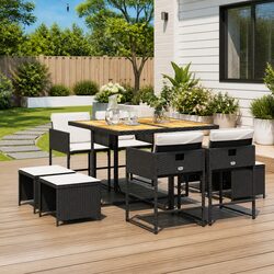 Outdoor Dining Set 9 Piece Garden Furniture Table Chairs Cushions Black Poly