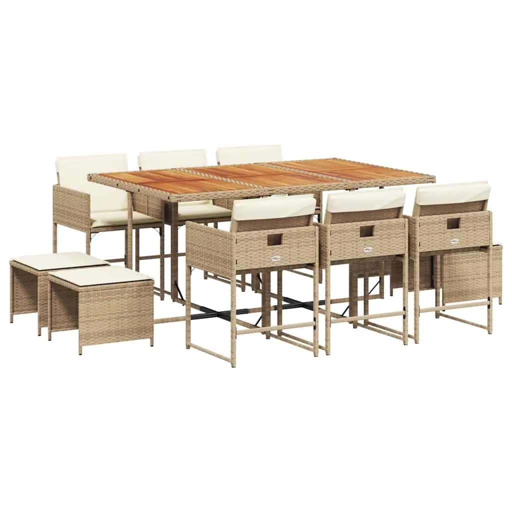 Garden Dining Set 11 Piece Outdoor Furniture Beige PE Rattan Frame Acacia Wood Table with Cushions