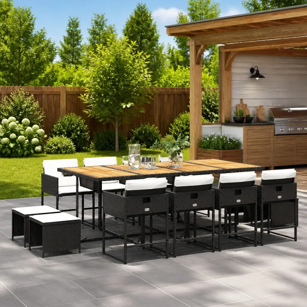 Garden Dining Set 13 Piece Durable PE Poly Rattan Outdoor Furniture with Cushions Black