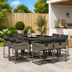Outdoor Dining Set 9 Piece Grey Poly Rattan Garden Furniture Patio Table Chairs