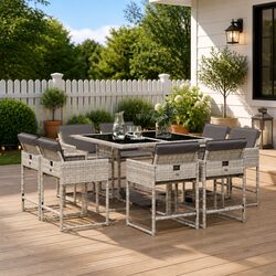Garden Dining Set 9 Piece Outdoor Furniture Grey Poly Rattan with Cushions