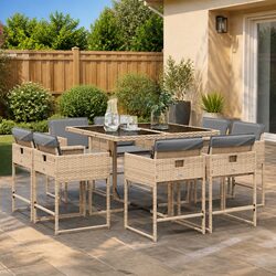 Garden Dining Set 9 Piece Outdoor Furniture Table Chairs Cushions Beige Poly