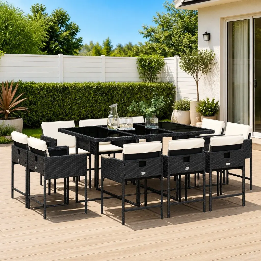 Outdoor Garden Dining Set 11 Pieces Black Poly Rattan Chairs Table Cushions