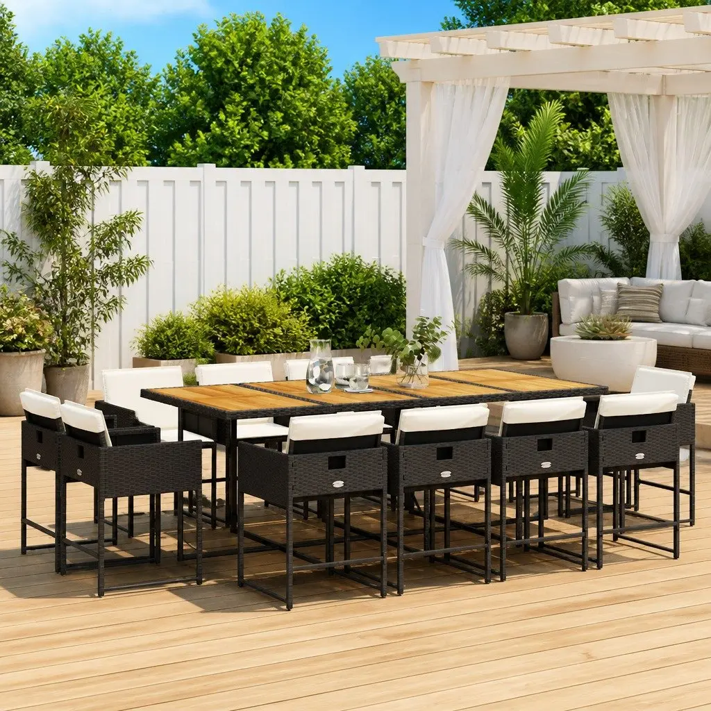 Garden Dining Set 13 Piece Outdoor Furniture Black PE Rattan Chairs Acacia Wood Table