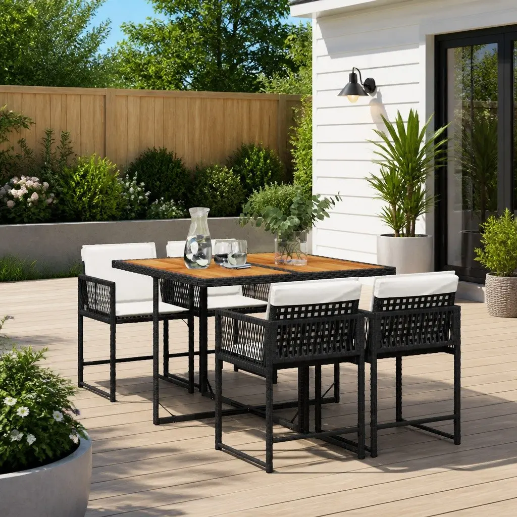 Garden Dining Set 5 Piece Outdoor Furniture Black PE Rattan with Cushions