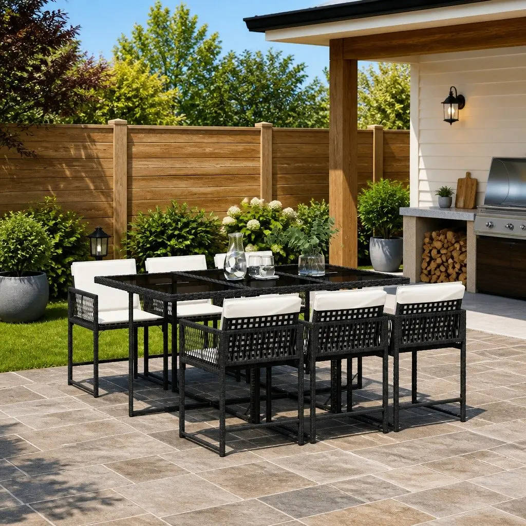 7 Piece Garden Dining Set Outdoor Patio Furniture with Cushions Black Poly