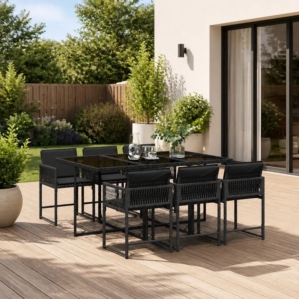 7 Piece Outdoor Garden Dining Set Black Poly Rattan Chairs Table Cushions