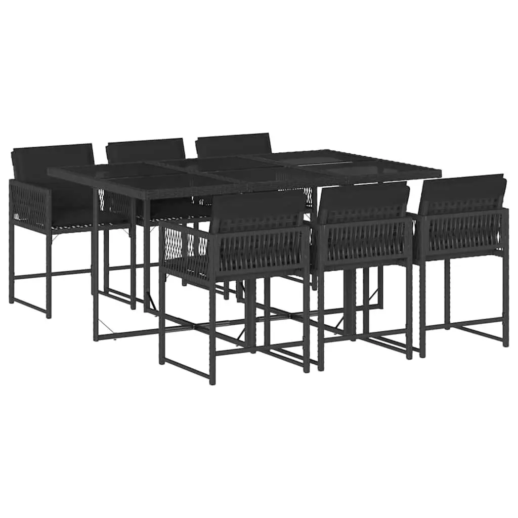7 Piece Outdoor Garden Dining Set Black Poly Rattan Chairs Table Cushions