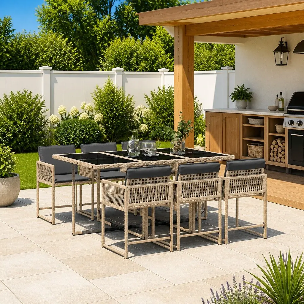 7 Piece Garden Dining Set Outdoor Patio Furniture PE Rattan Beige Cushions