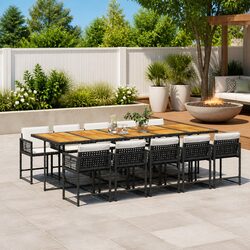 11 Piece Garden Dining Set Black Poly Rattan Chairs Table Cushions Patio Outdoor