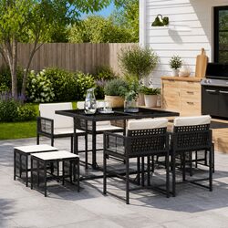 Outdoor Garden Dining Set 9 Piece Black PE Rattan Chairs Table Cushions