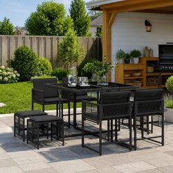9 Piece Outdoor Dining Set with Cushions Black PE Rattan Patio Furniture