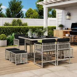 Garden Dining Set 9 Piece Outdoor Furniture with Cushions Grey Poly Rattan Patio