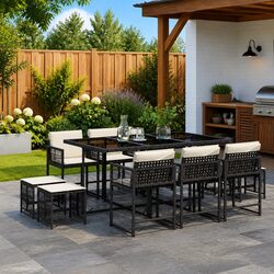 Garden Dining Set 11 Piece Outdoor Furniture Table Chairs Cushions Black Poly