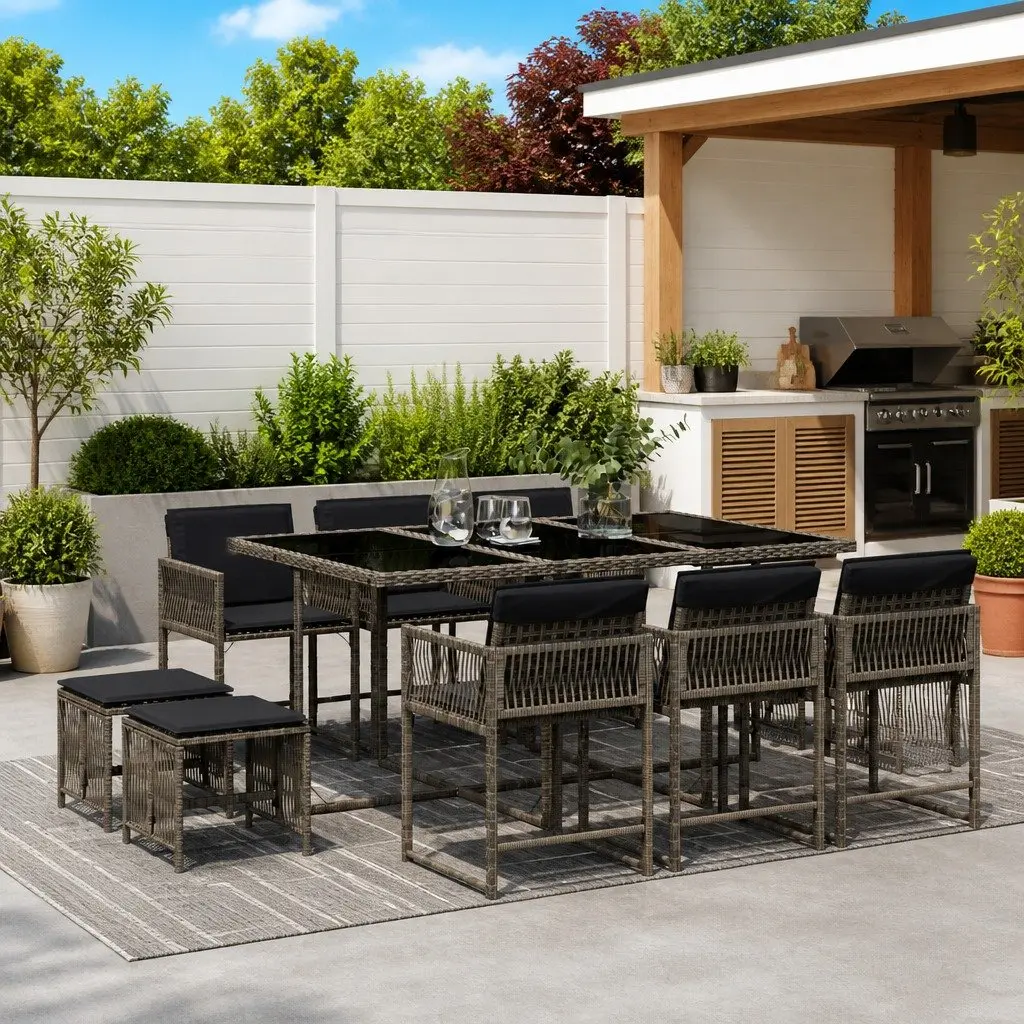 Garden Dining Set 11 Piece Grey PE Rattan Outdoor Furniture with Cushions