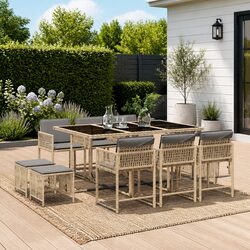 Garden Dining Set 11 Piece Outdoor Furniture Poly Rattan Cushions Patio Beige