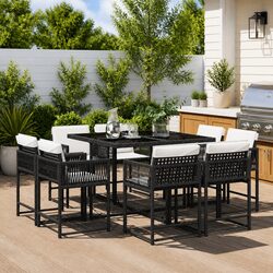 9 Piece Outdoor Garden Dining Set with Cushions Black Poly Rattan Patio