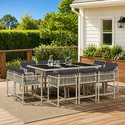 11 Piece Garden Dining Set with Cushions Grey Poly Rattan Outdoor Patio