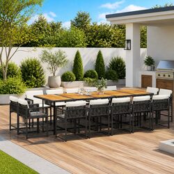 Garden Dining Set 15 Piece Black Poly Rattan Chairs Table Cushions Outdoor